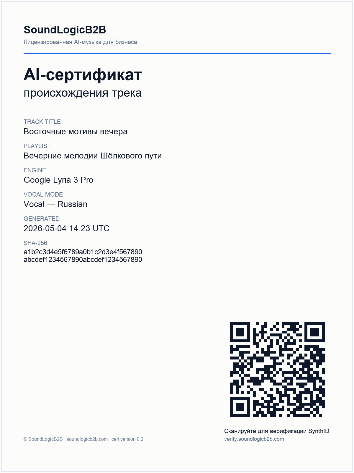 Пример AI-сертификата SoundLogicB2B с QR-кодом для верификации SynthID